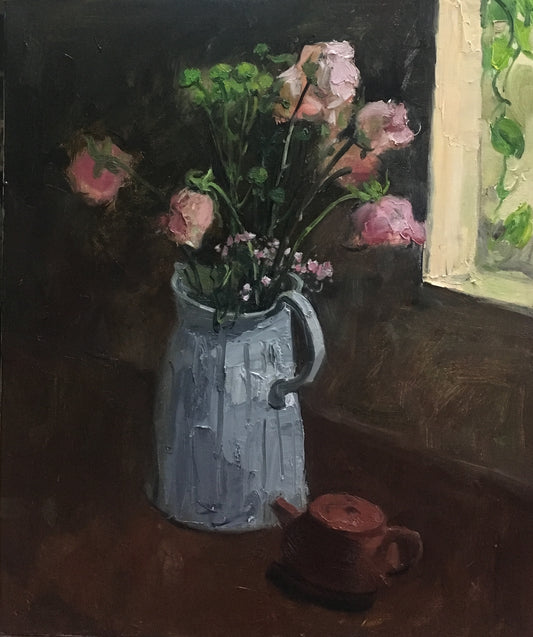 Original floral still life oil painting with flowers in a vase by a window with soft light and dark background