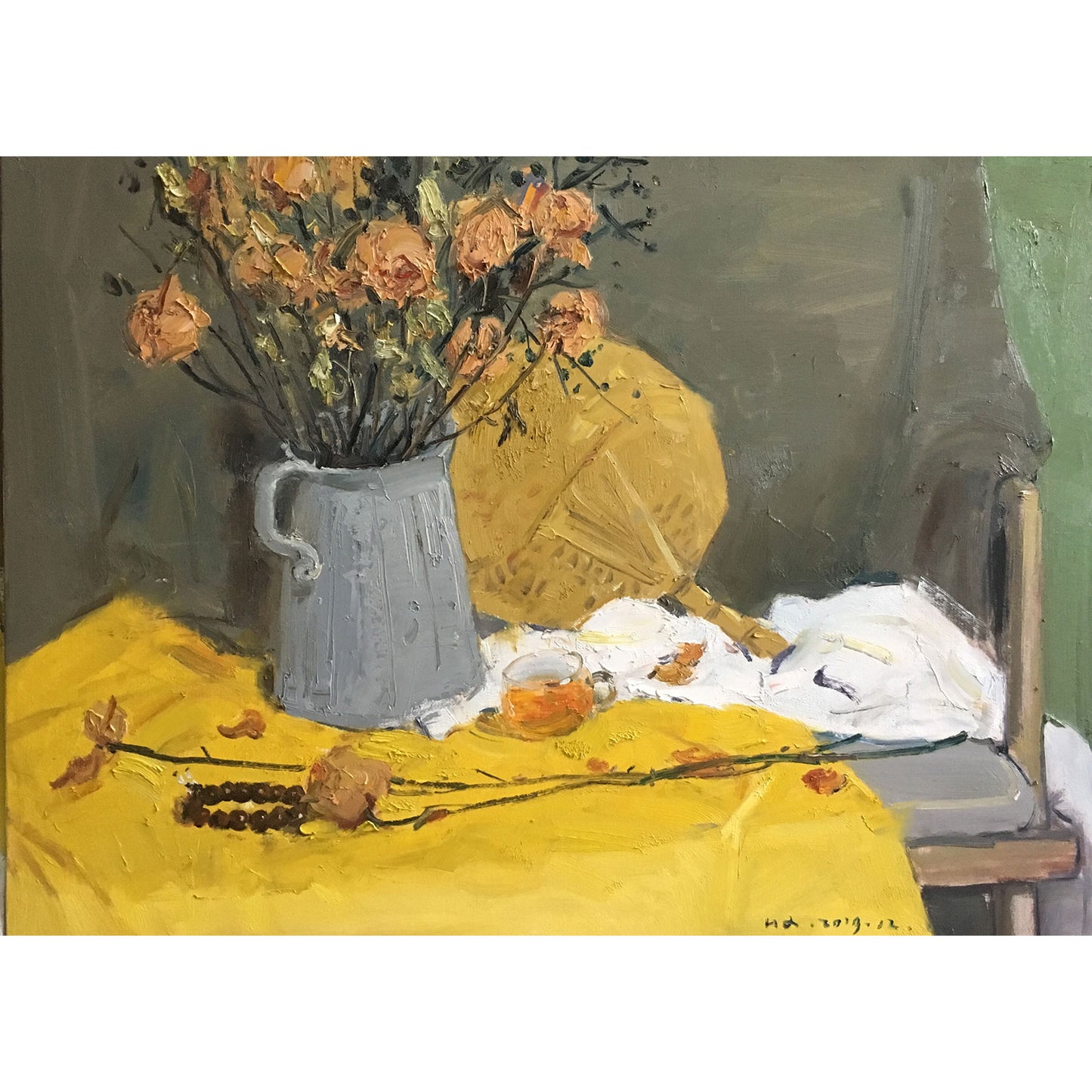 Original floral still life oil painting of flowers in a gray pitcher on a yellow tablecloth