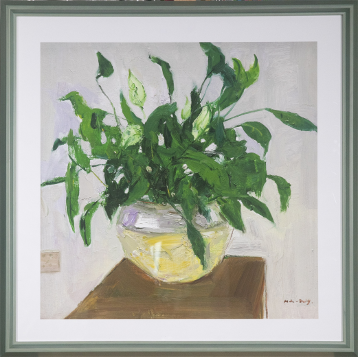 framed plant still life oil painting with green leaves in a pot and clean background