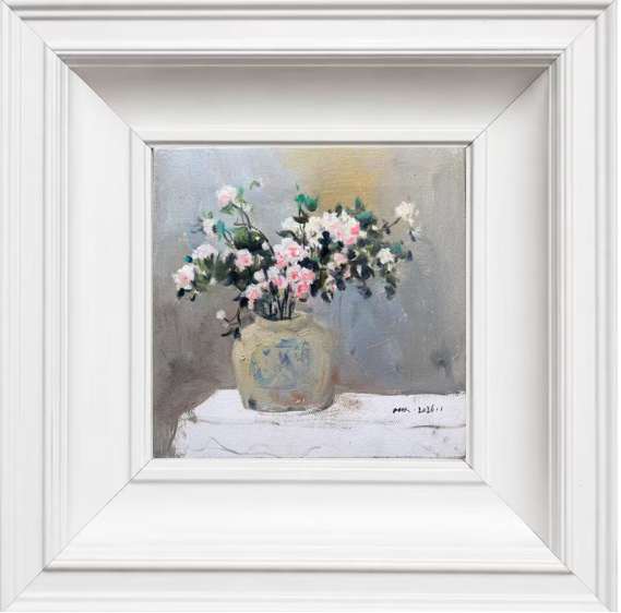 Original oil painting of pink and white flowers in a ceramic vase, presented in a white gallery-style frame and ready for display in elegant interiors.