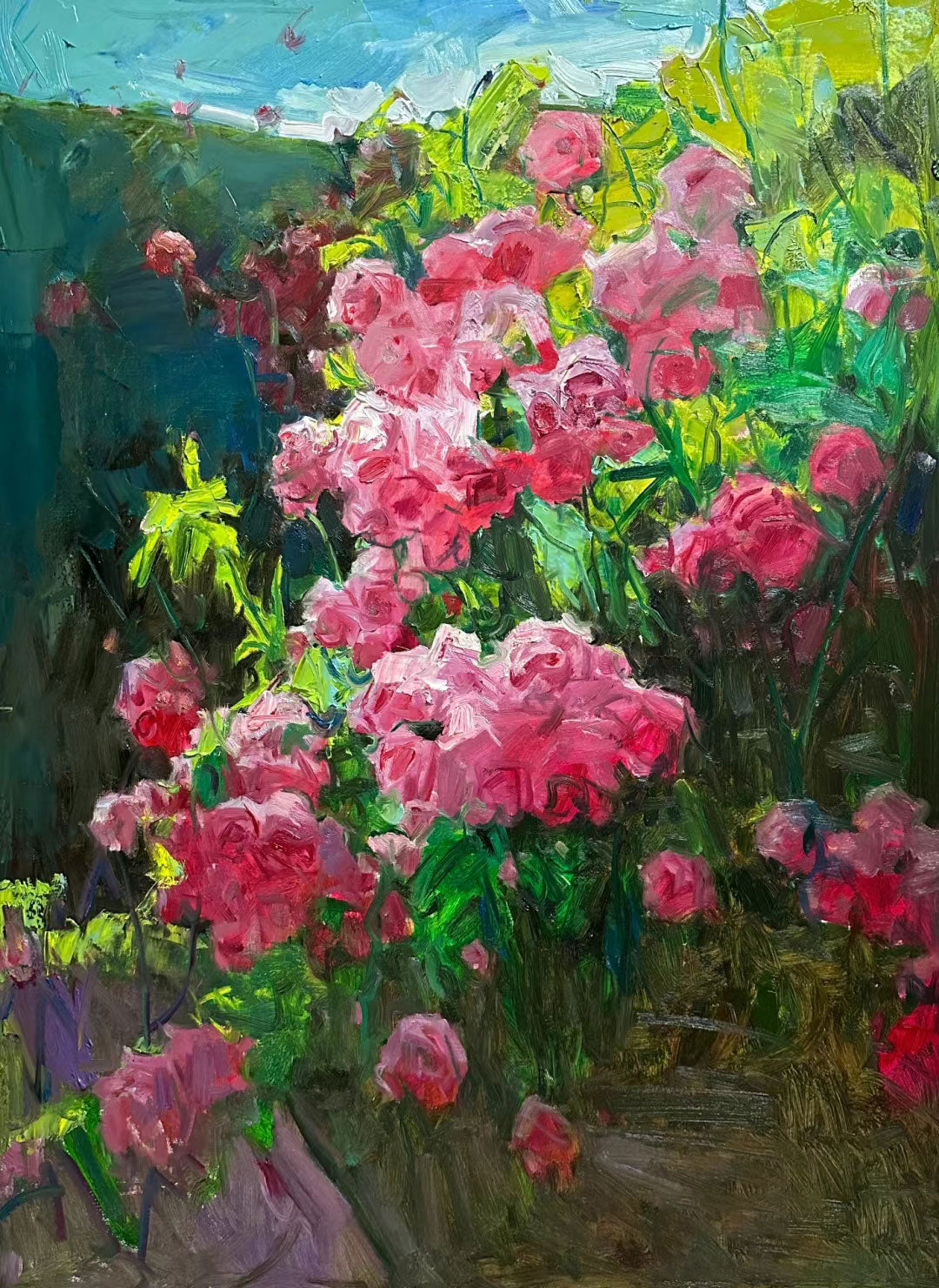 framed garden floral oil painting with pink flowers in outdoor landscape