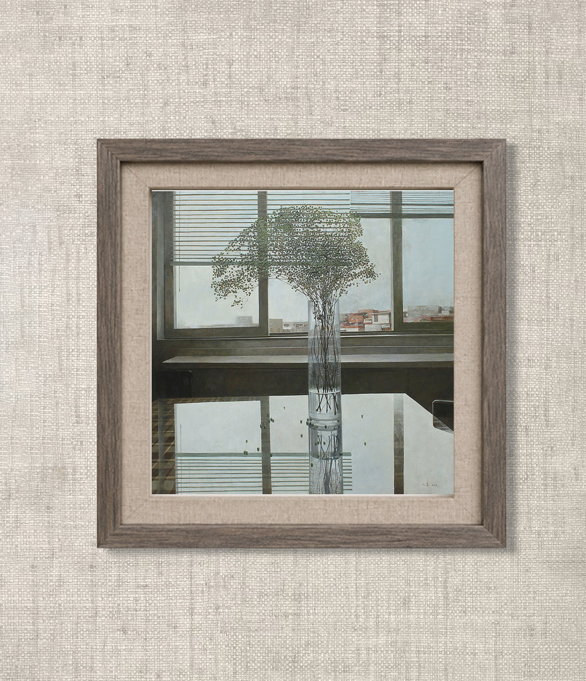 Glass vase with delicate branches beside a window, original oil painting by Yang Huaxi
