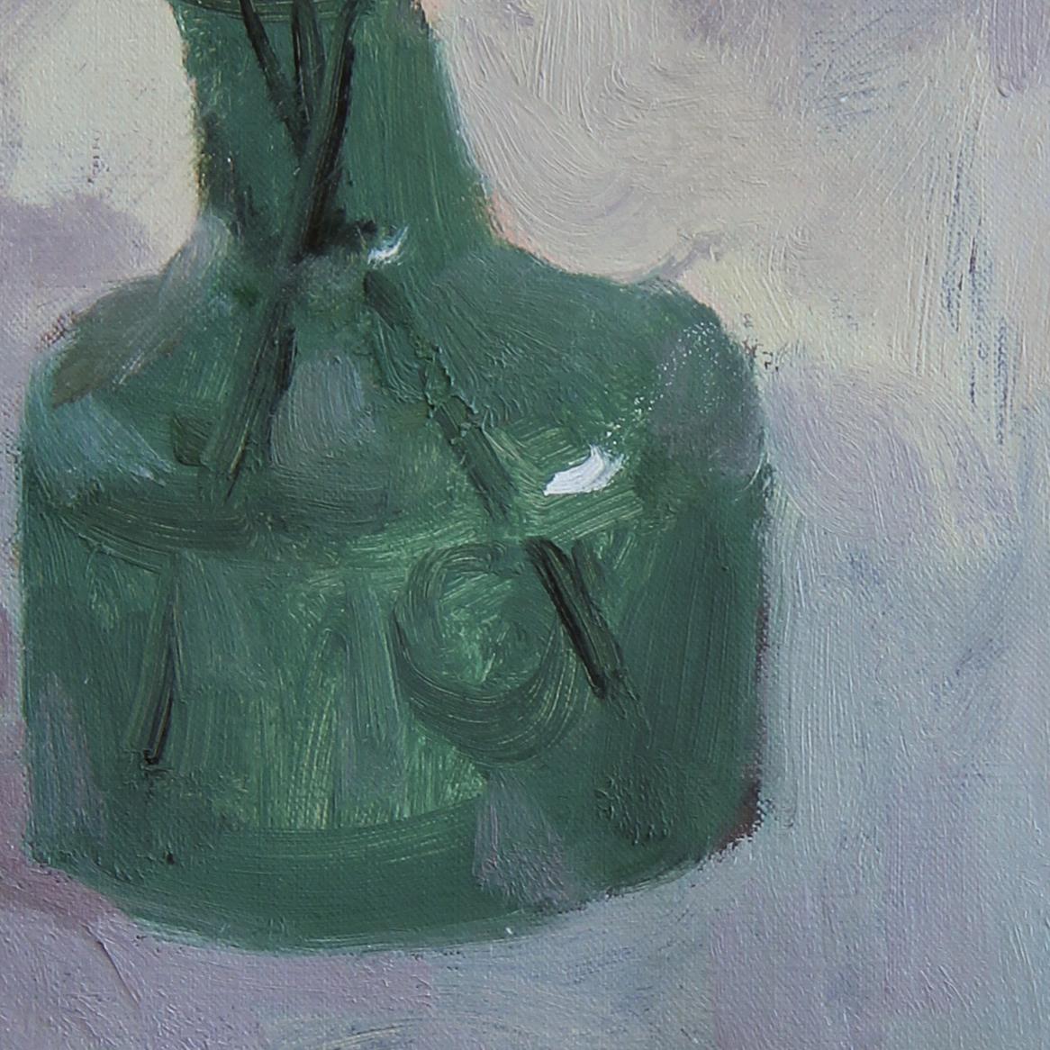 Close-up of the green glass vase highlighting transparency, reflected light, and expressive oil painting texture.
