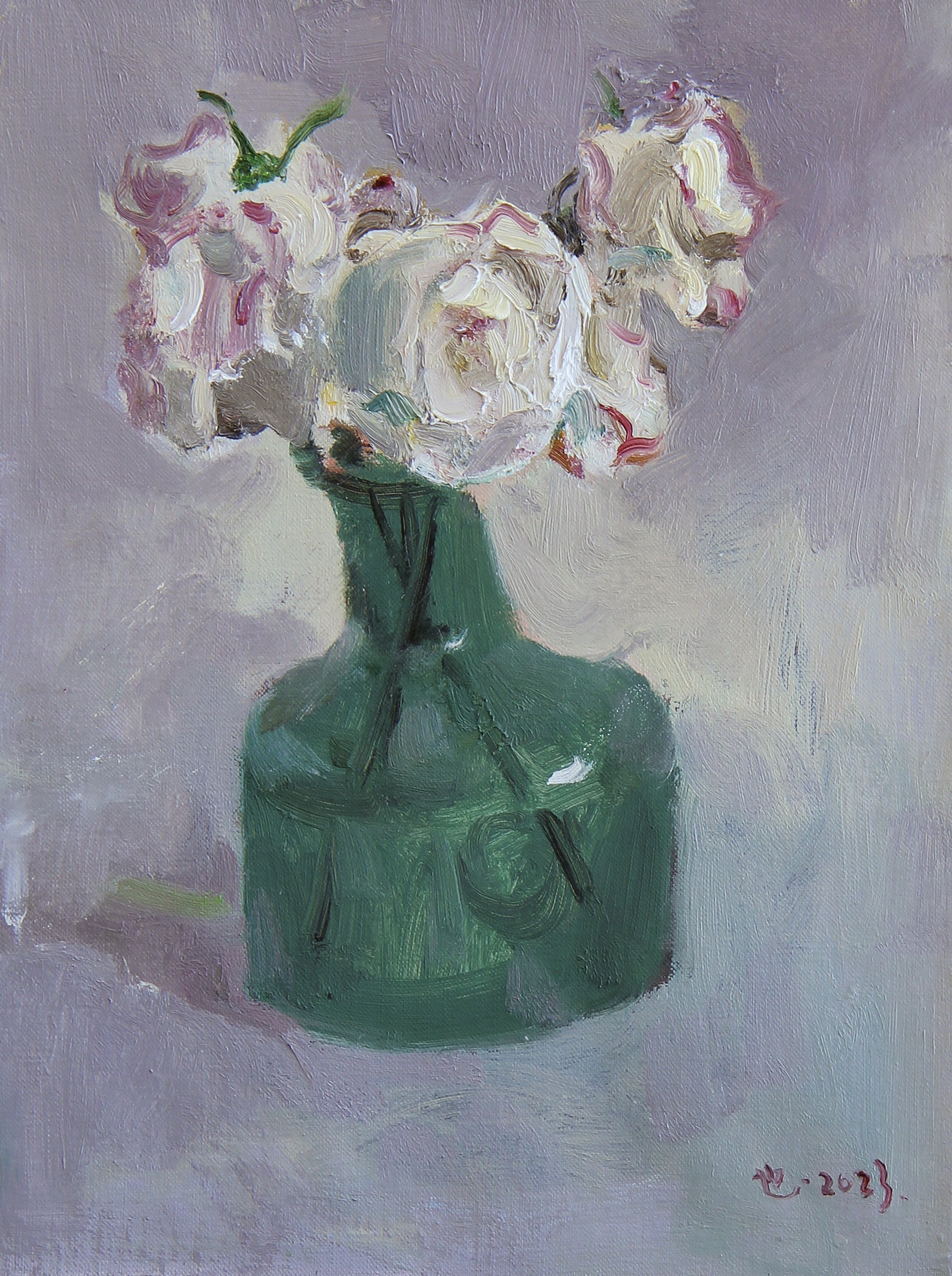 Original oil painting featuring white flowers arranged in a green glass vase, painted in a contemporary still life style with soft colors and expressive brushwork.