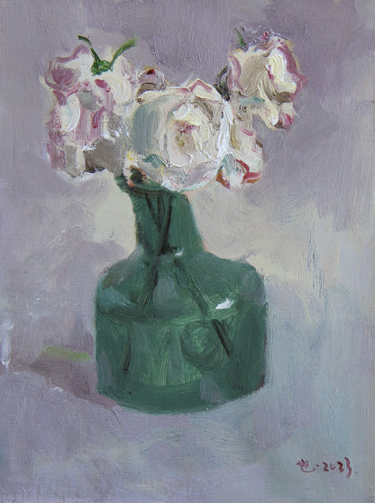 Original oil painting featuring white flowers arranged in a green glass vase, painted in a contemporary still life style with soft colors and expressive brushwork.
