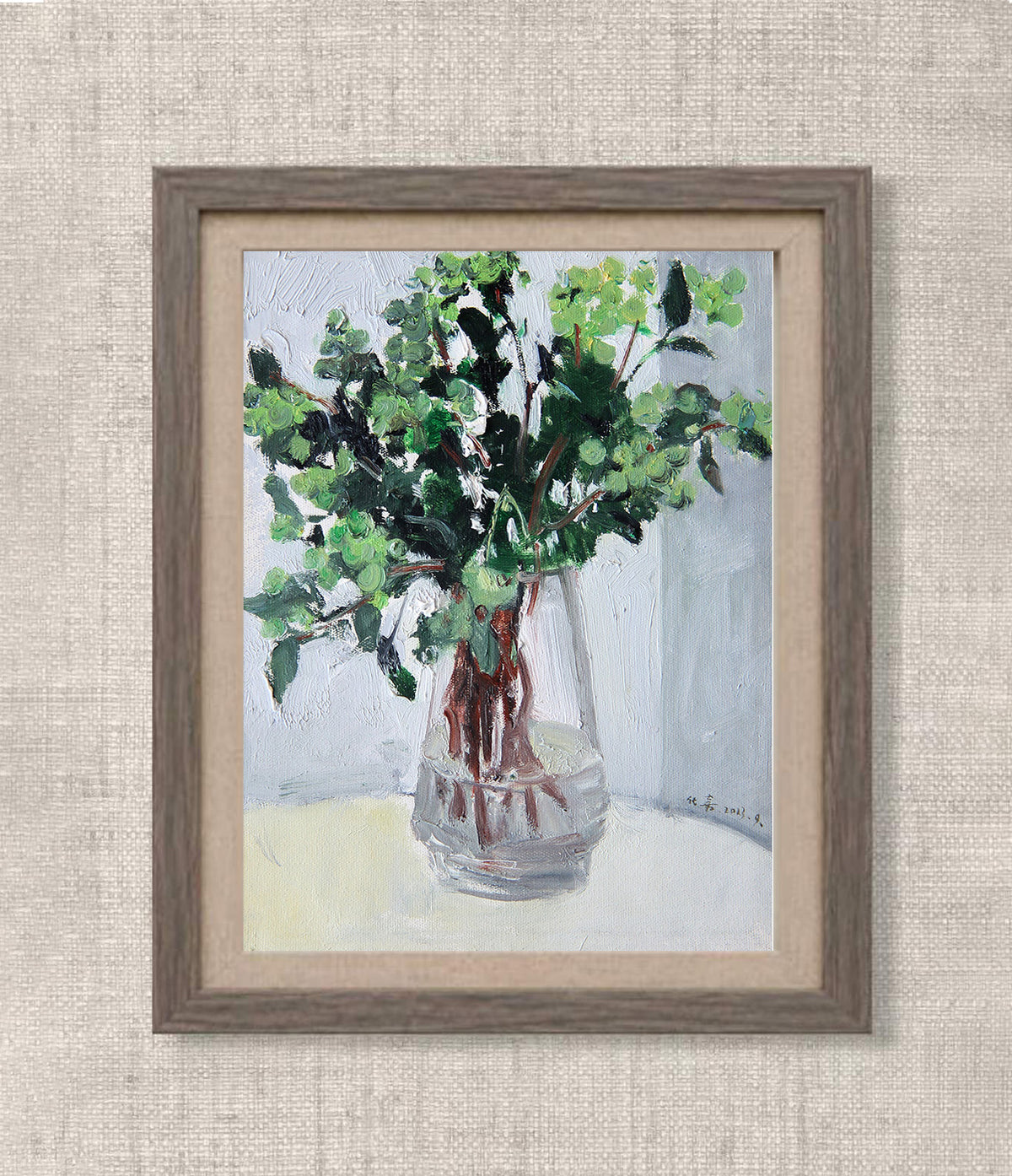 Green leafy branches arranged in a clear glass vase, original oil painting by Yang Huaxi