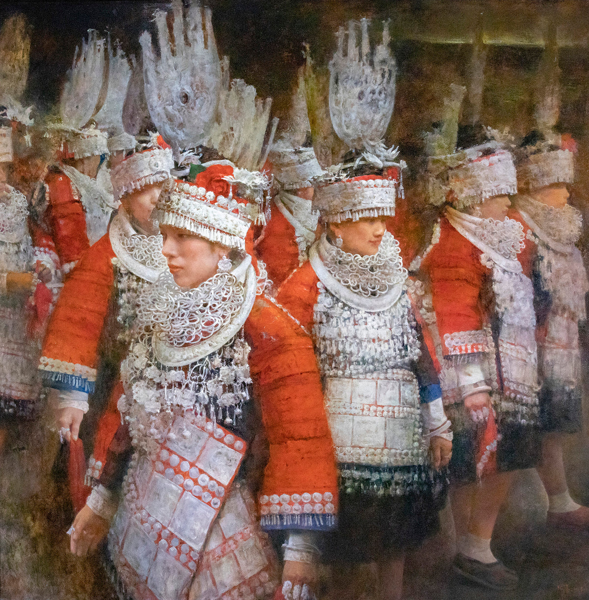 Group figure oil painting of Miao women in traditional silver clothing by Yang Huaxi
