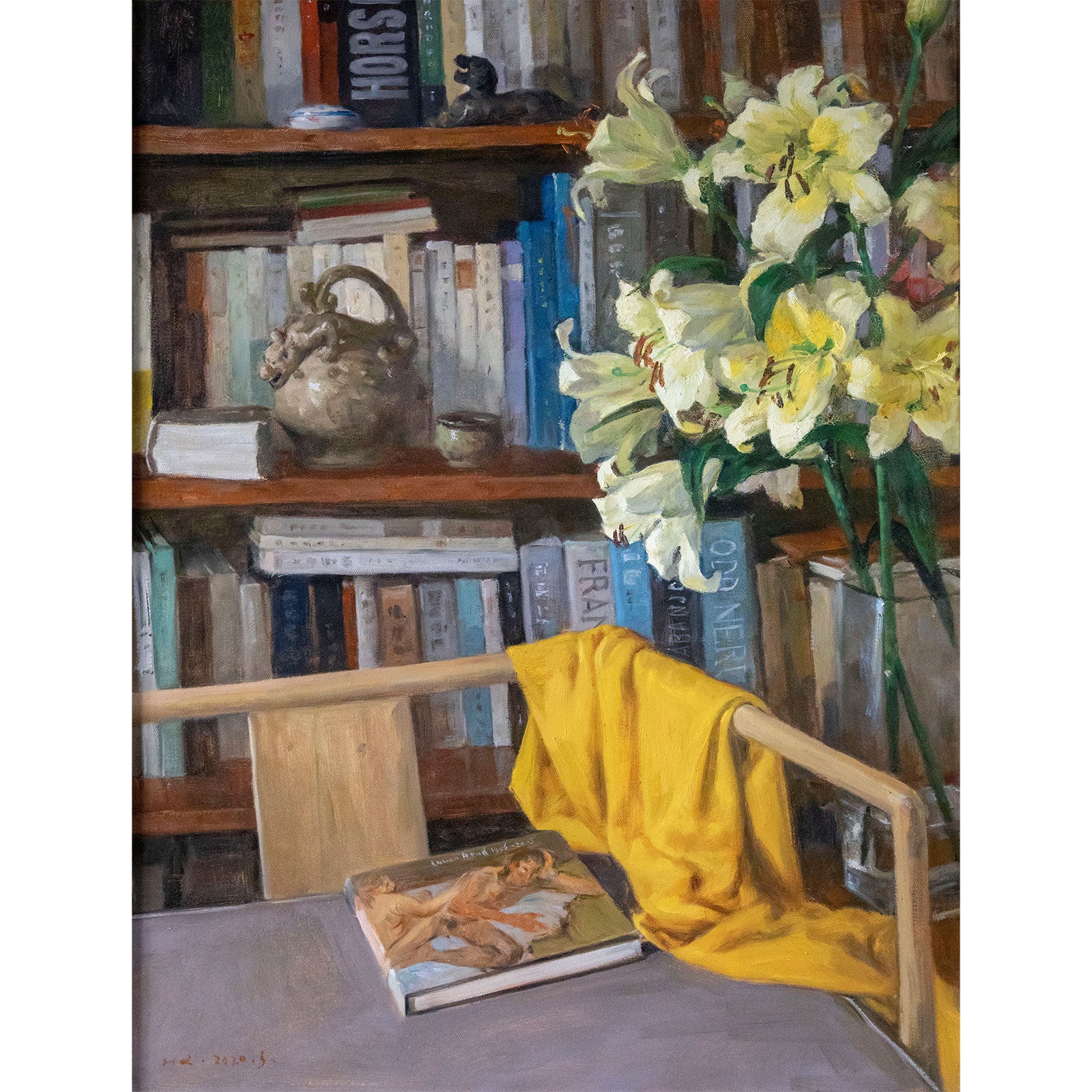Original oil painting of an interior still life with flowers, bookshelf, books, and objects in a home setting