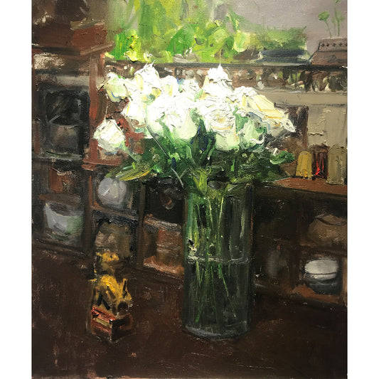 Original oil painting of white flowers in a green glass vase in an interior setting with shelves and objects