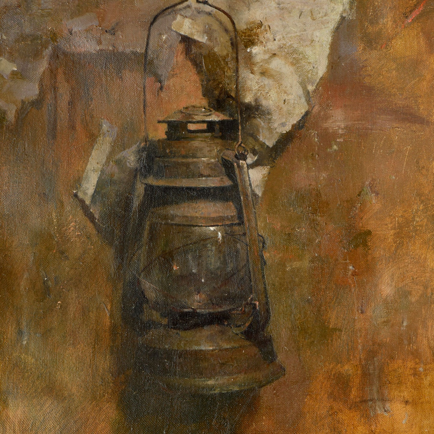 Close-up of oil painting showing textured surface and warm color layers