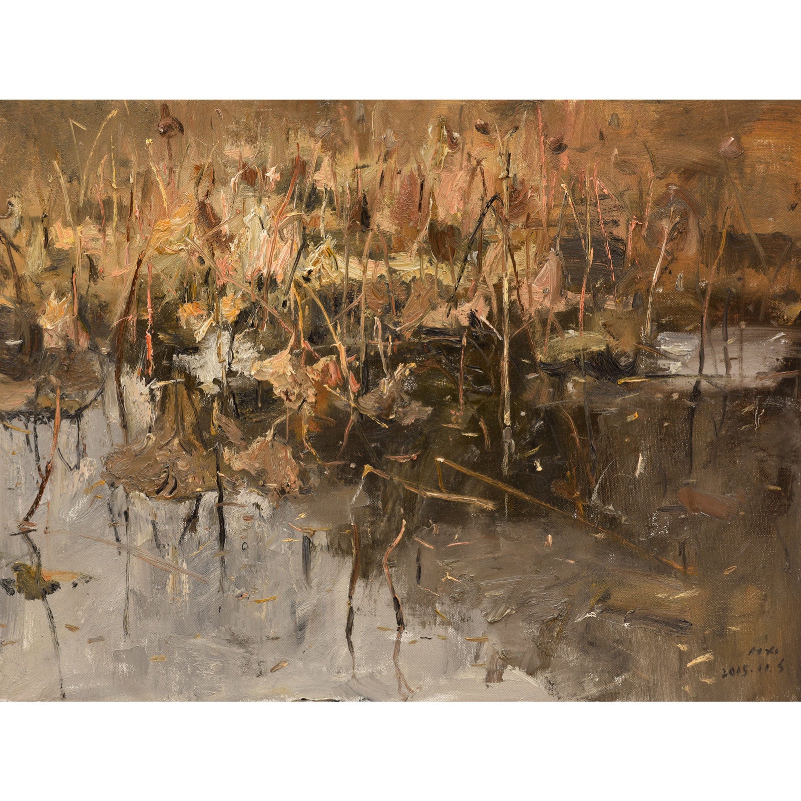 Original oil painting of a late autumn lotus pond with dried lotus leaves and textured water reflections