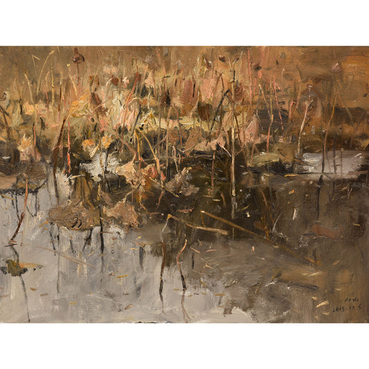 Original oil painting of a late autumn lotus pond with dried lotus leaves and textured water reflections