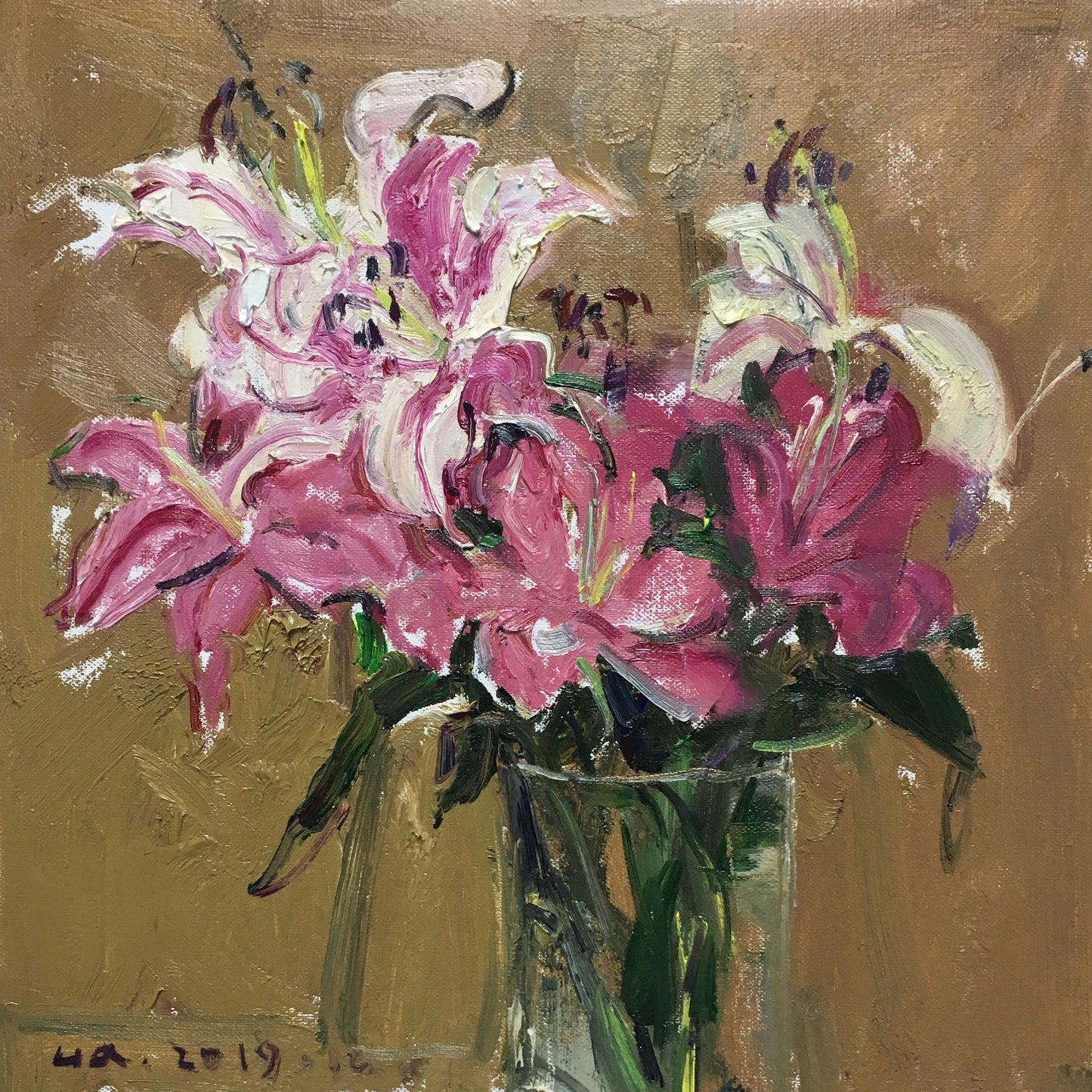 Close-up of oil painting showing lily petals and brushwork texture