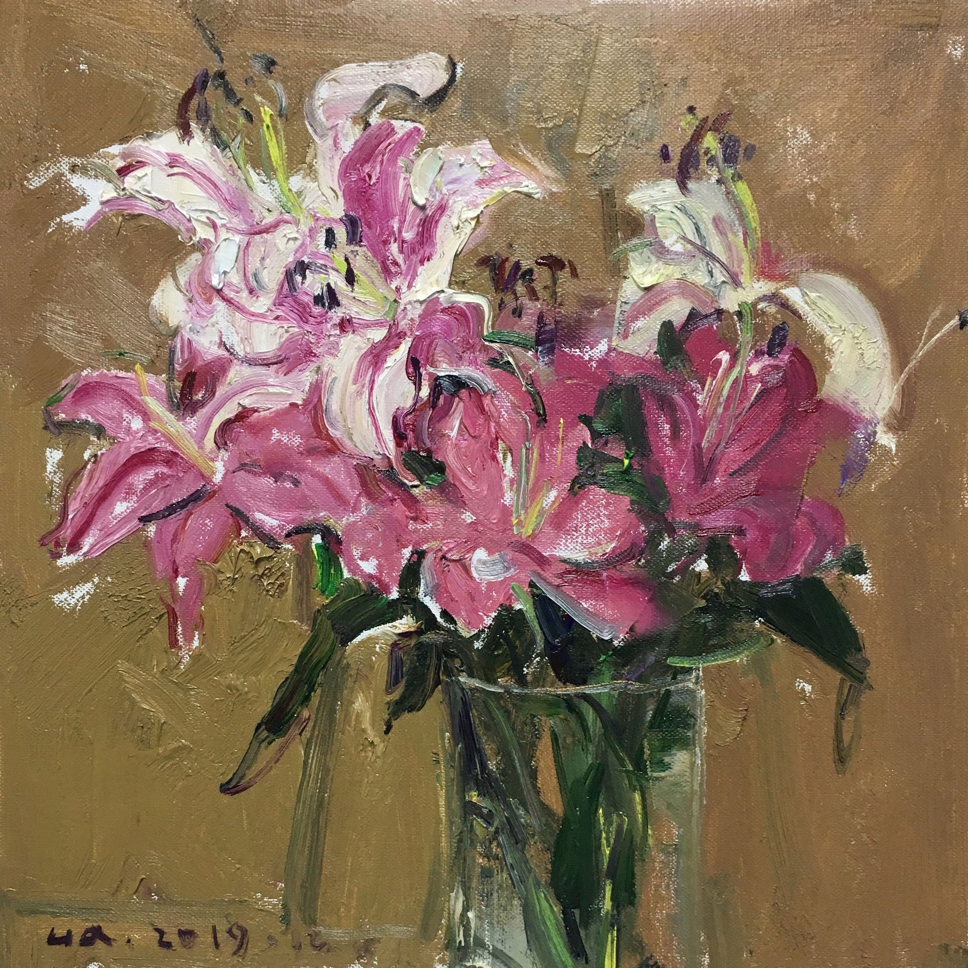 Close-up of oil painting showing lily petals and brushwork texture