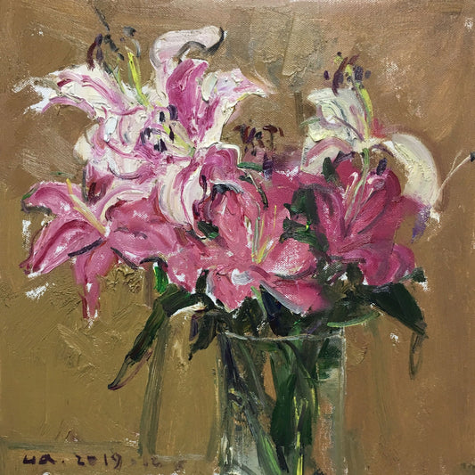 Close-up of oil painting showing lily petals and brushwork texture