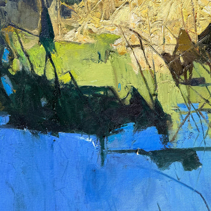 Close-up of lotus pond oil painting with expressive brushwork and layered color