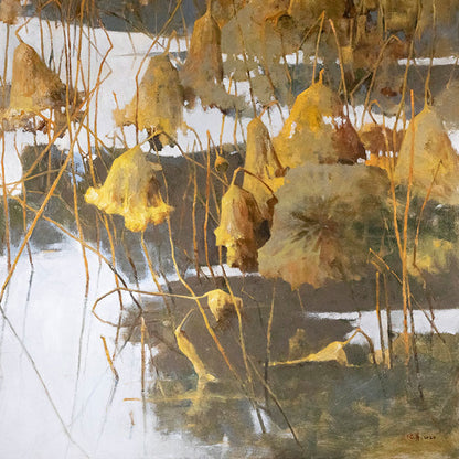 Detail of lotus pond painting with water reflection and soft texture
