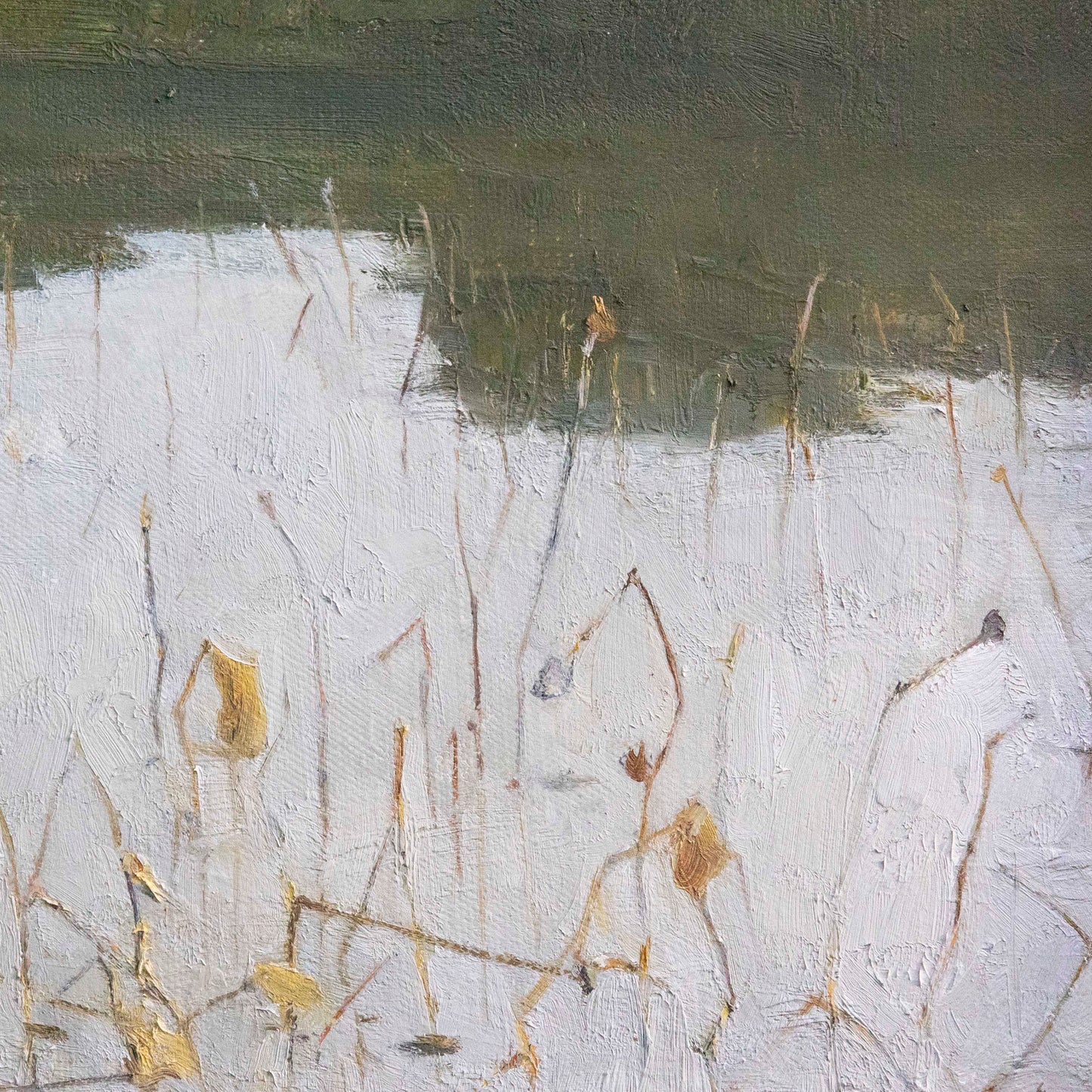 Detail of lotus pond painting with layered brushwork and reflection