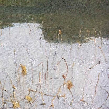 Detail of lotus pond painting with layered brushwork and reflection