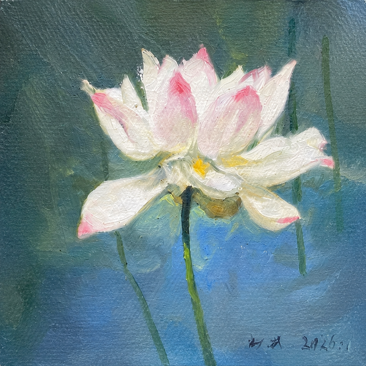 Original lotus flower painting set against a rich blue-green background, emphasizing balance, light, and atmosphere.