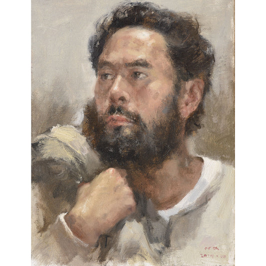 male portrait oil painting with expressive brushwork and contemplative pose