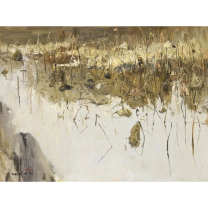 Original marsh landscape oil painting with reeds and water in soft neutral tones