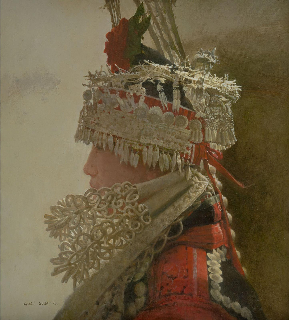 Miao woman figurative oil painting in profile with traditional silver ornament by Yang Huaxi