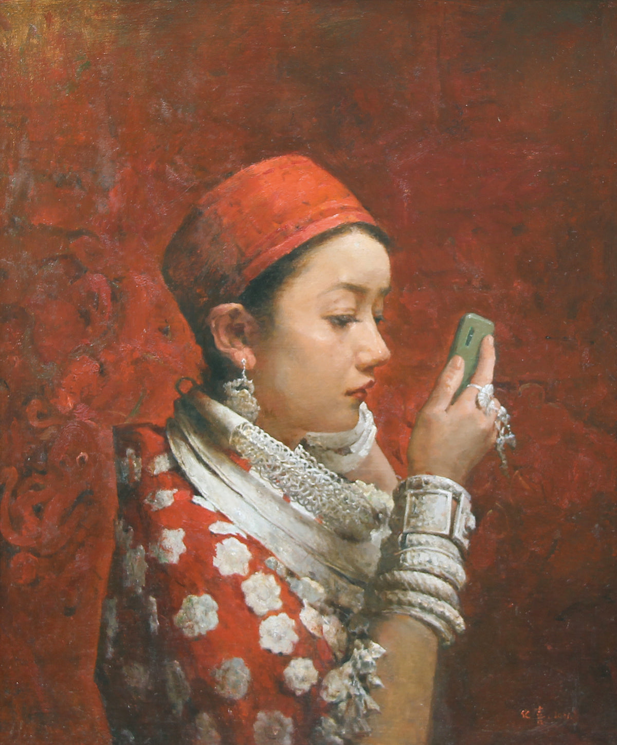 Miao woman portrait painting in red traditional clothing by Yang Huaxi