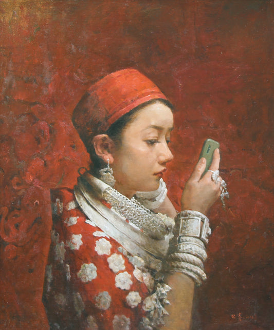Miao woman portrait painting in red traditional clothing by Yang Huaxi