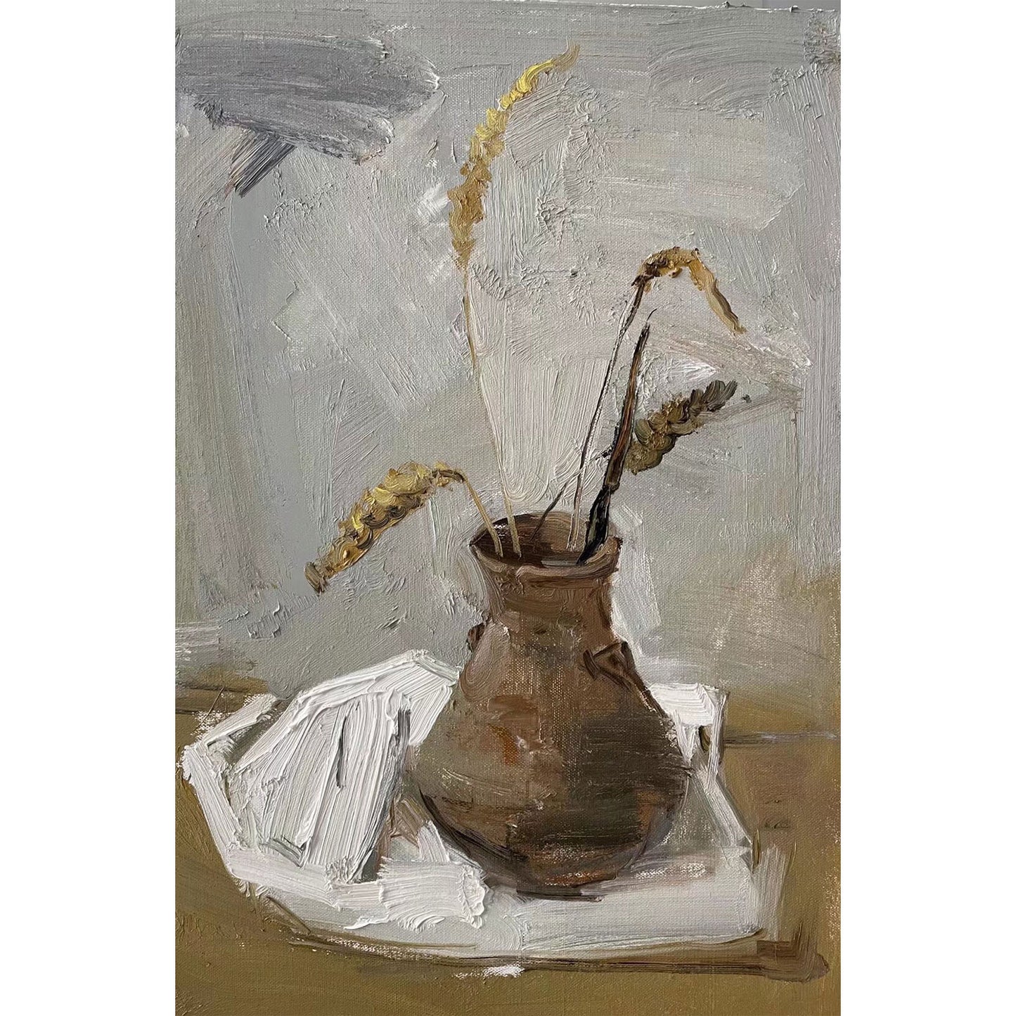 Original minimal still life oil painting with dried grass in a ceramic vase and textured brushwork