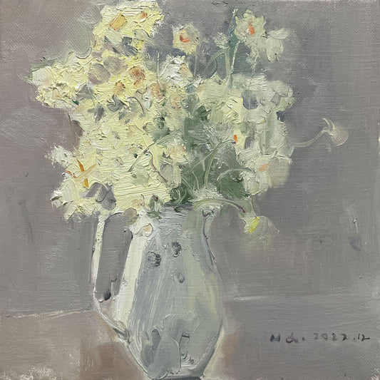 Original oil painting of soft yellow flowers in a ceramic vase with muted gray tones and textured brushwork
