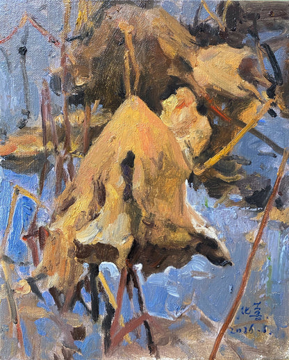 Original Oil Painting of Autumn Leaf on Snow