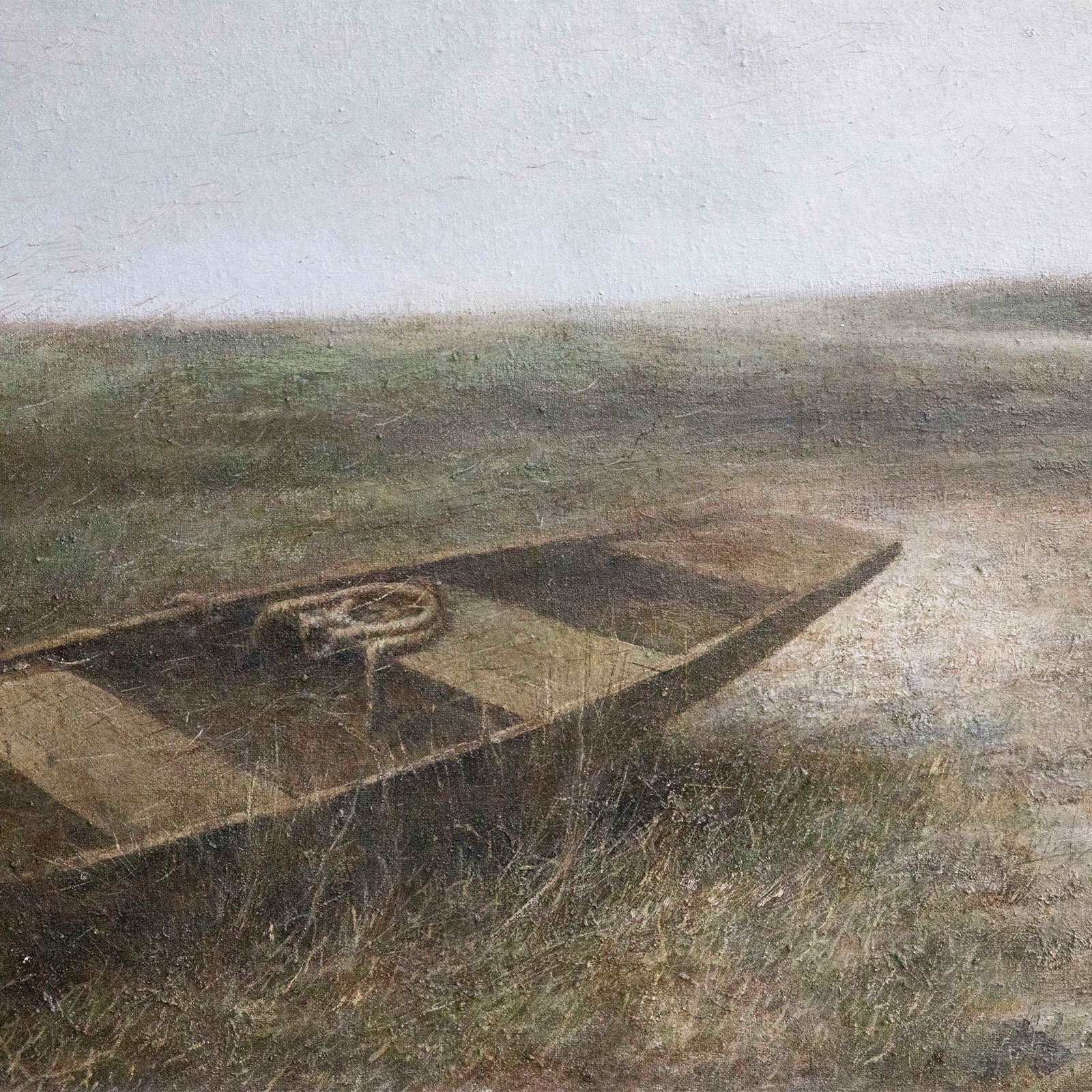 Oil painting detail with layered texture and muted landscape tones
