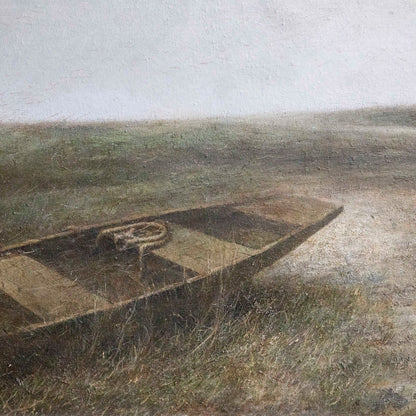 Oil painting detail with layered texture and muted landscape tones