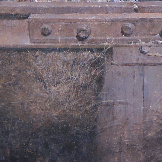 Close-up detail of oil painting texture showing brushwork and surface layers