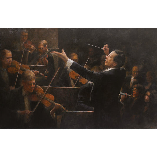 orchestra oil painting with conductor leading musicians in dramatic lighting