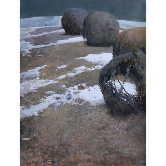 Original winter landscape oil painting with snow, dry grass, and rounded hay forms in a quiet field