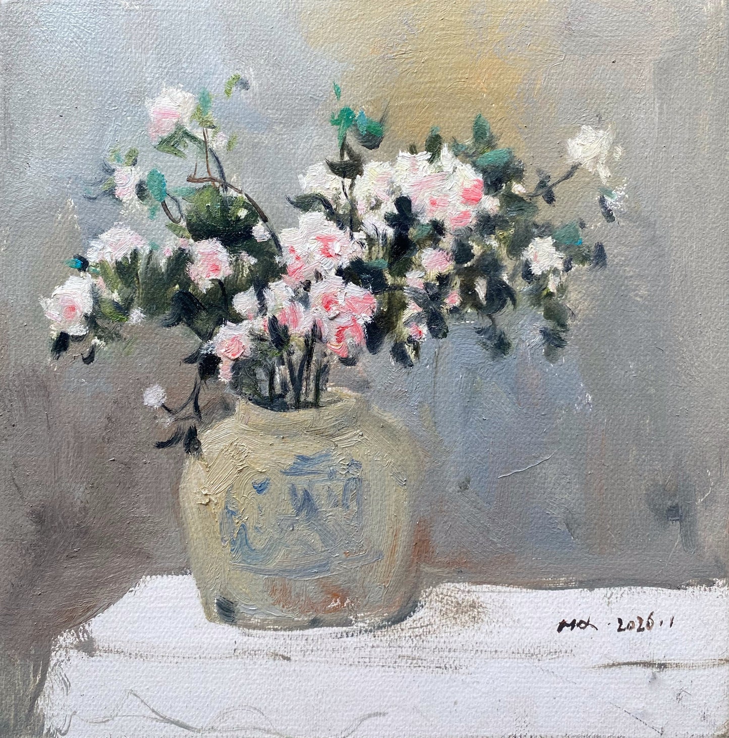 Hand-painted oil painting depicting a bouquet of pink and white flowers in a decorative ceramic vase, emphasizing light, atmosphere, and floral elegance.