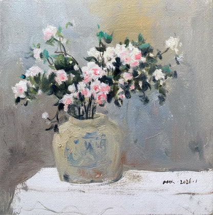 Hand-painted oil painting depicting a bouquet of pink and white flowers in a decorative ceramic vase, emphasizing light, atmosphere, and floral elegance.