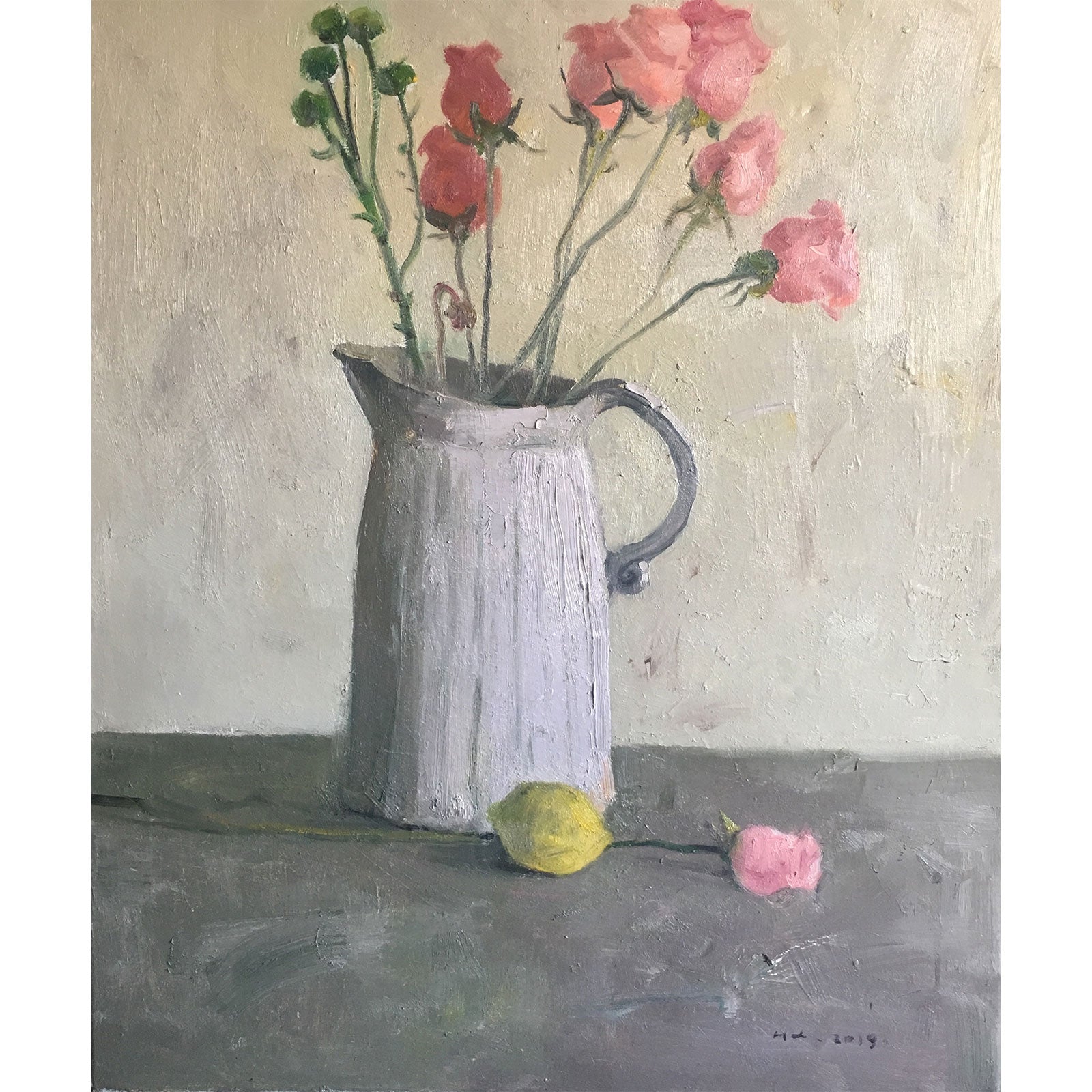 Original oil painting of pink flowers in a ceramic pitcher with a lemon on a table