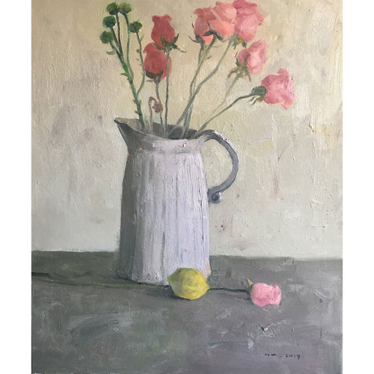 Original oil painting of pink flowers in a ceramic pitcher with a lemon on a table