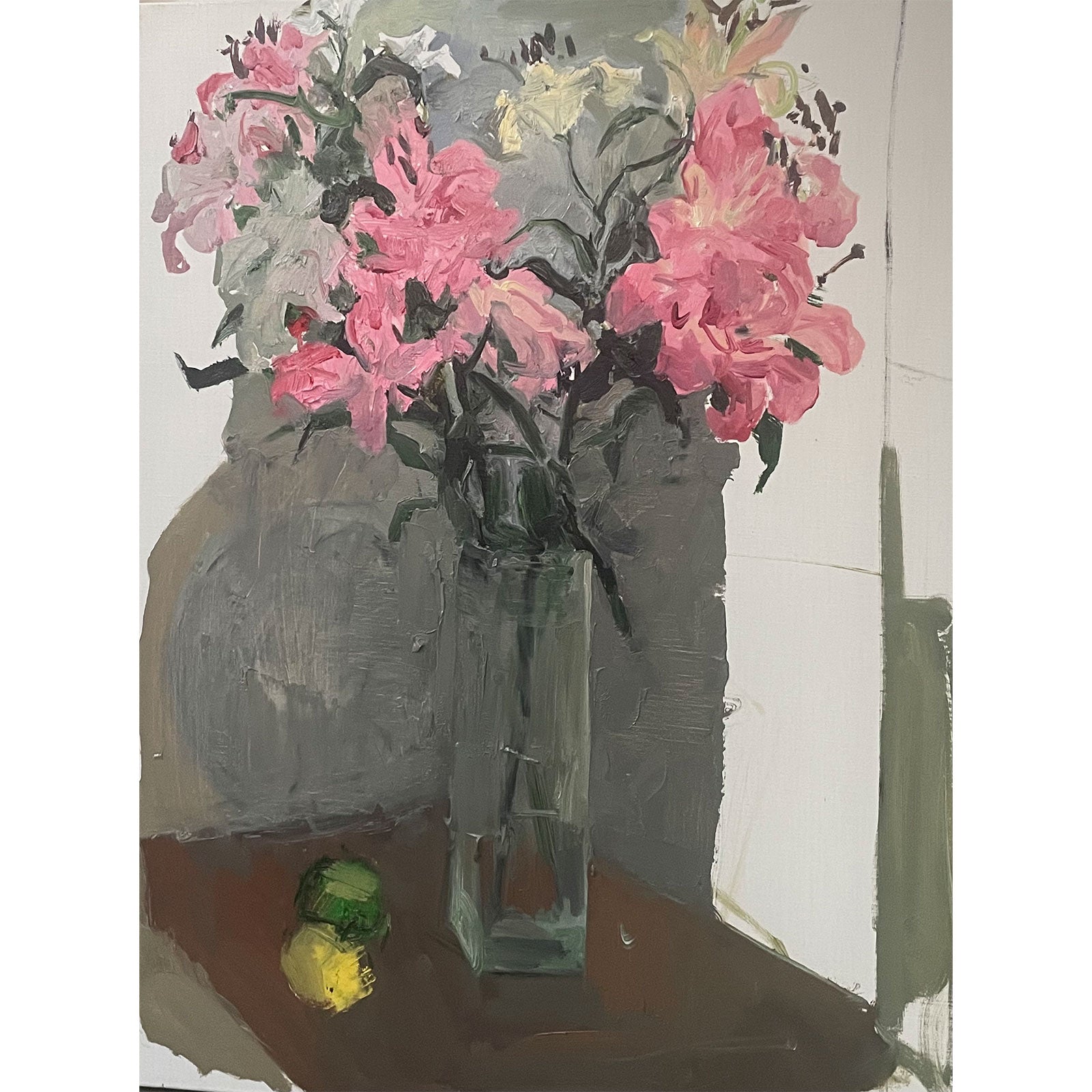 Original oil painting of pink flowers in a glass vase on a table with soft interior tones