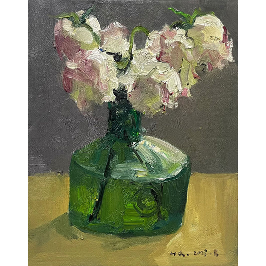 Original oil painting of soft pink flowers in a green glass bottle with warm light and subtle brushwork