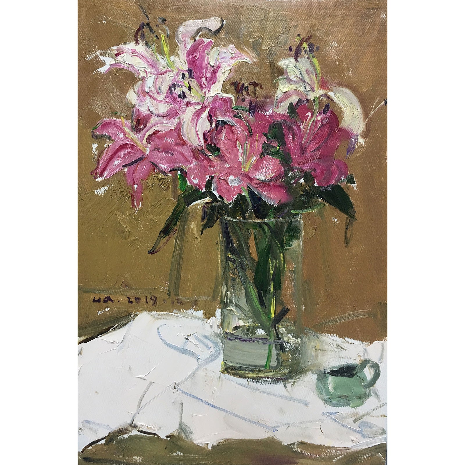 Original oil painting of pink lilies in a glass vase with expressive brushwork and warm background
