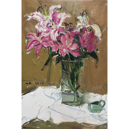 Original oil painting of pink lilies in a glass vase with expressive brushwork and warm background