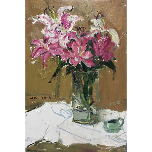 Original oil painting of pink lilies in a glass vase with expressive brushwork and warm background