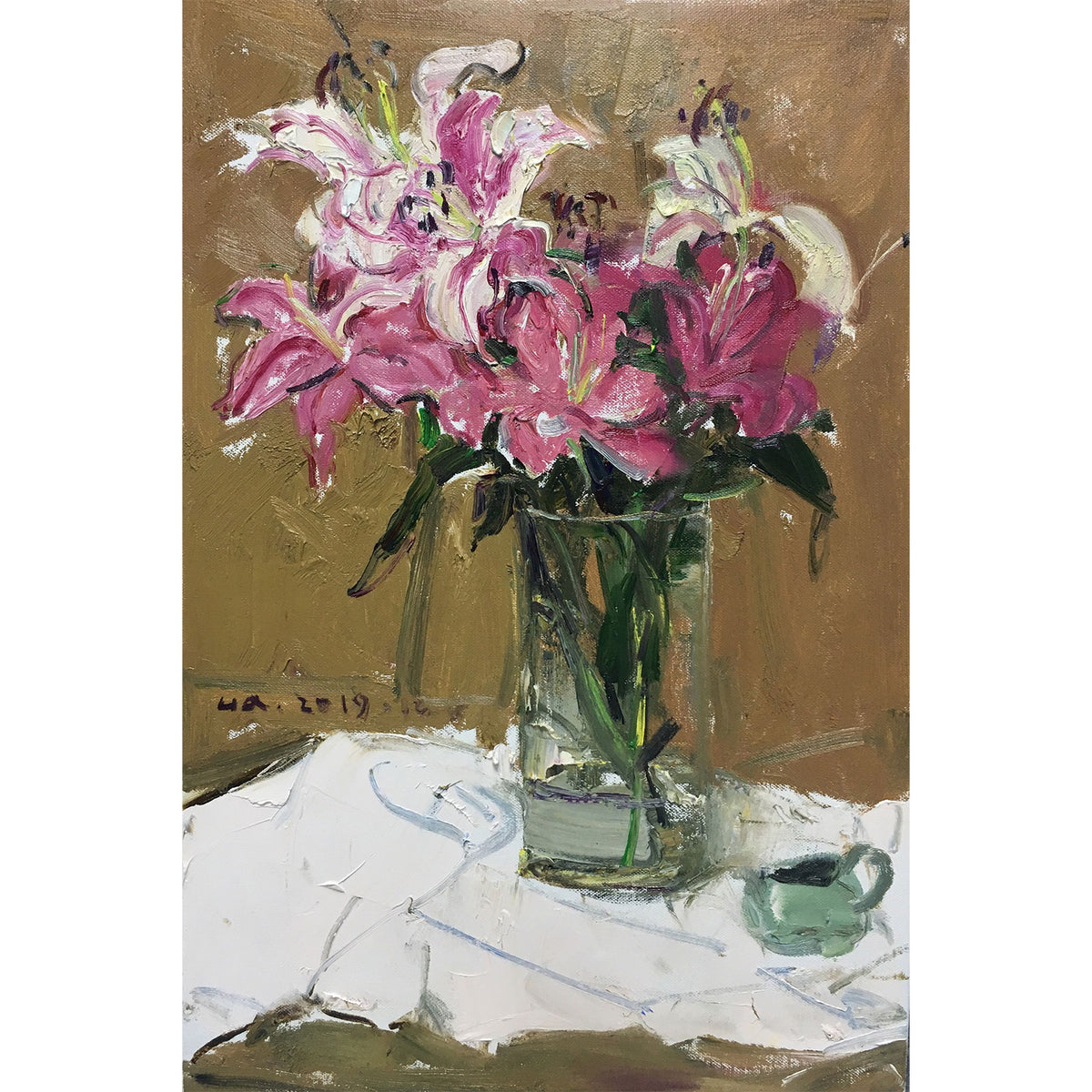 Original lily oil painting of pink lilies by Yang Huaxi 