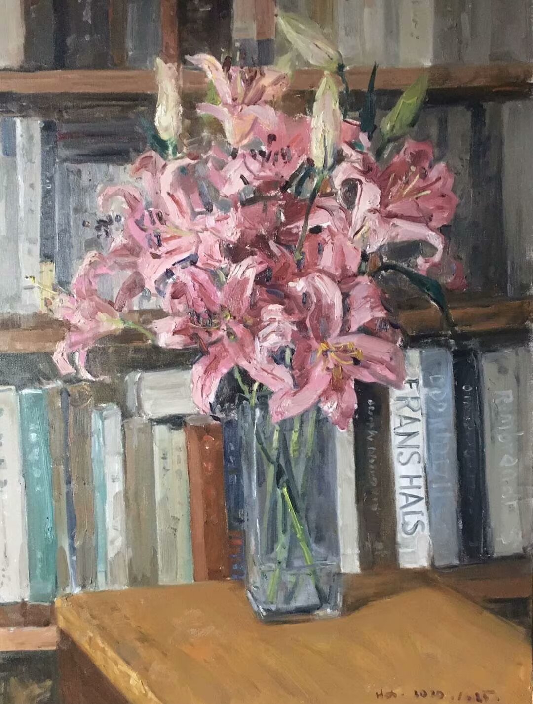 Original pink lily still life oil painting with flowers in a glass vase and bookshelf background