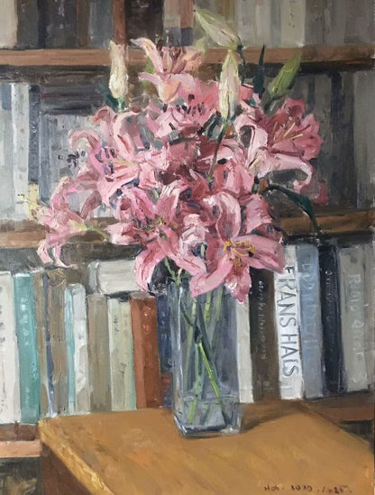 Original pink lily still life oil painting with flowers in a glass vase and bookshelf background