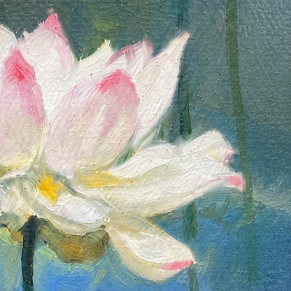 Detailed view of a blooming lotus flower highlighting soft color transitions and painterly texture.